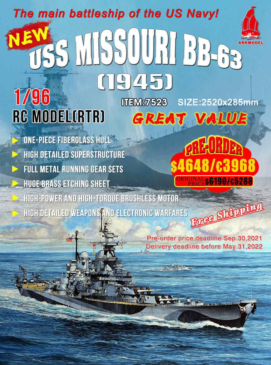 Arkmodel 1/96 USS Missouri BB-63 US Navy Main Battleship RTR No