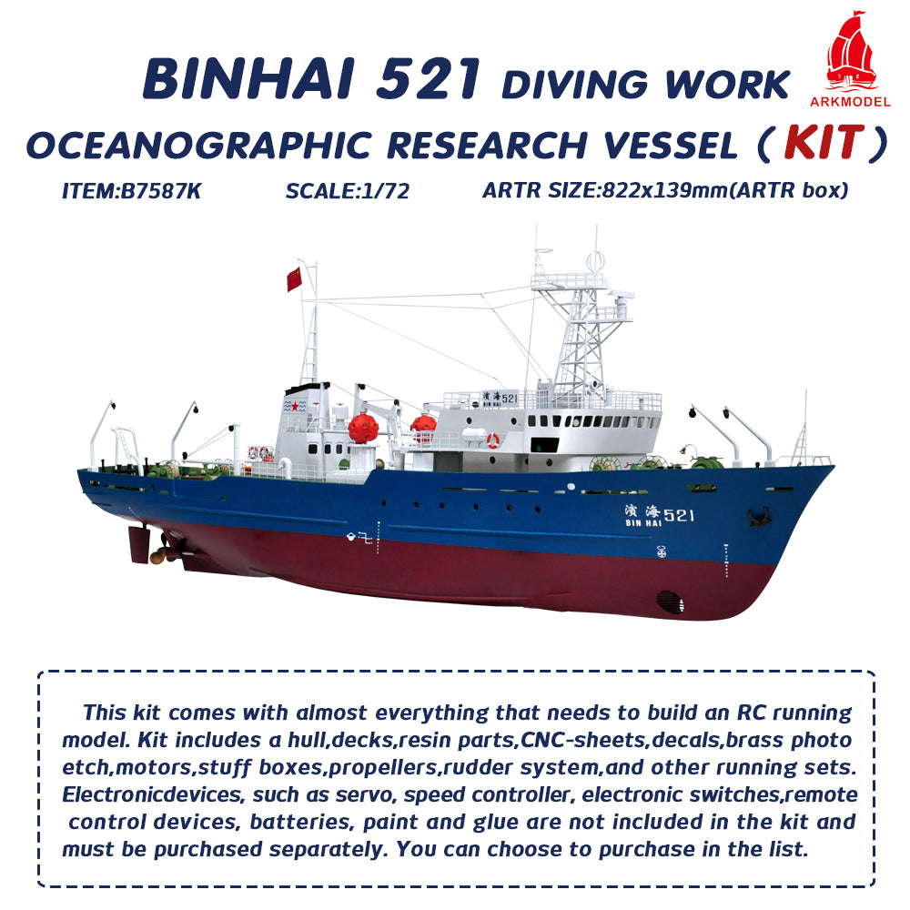 Arkmodel 1/72 Binhai 521 Diving Work Oceanographic  Research  Vessel Civil Ship KIT B7587K